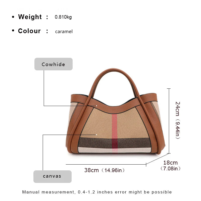 Aidrani  2025 New retro checkered women's handbag, large capacity luxury bag, canvas genuine leather bag