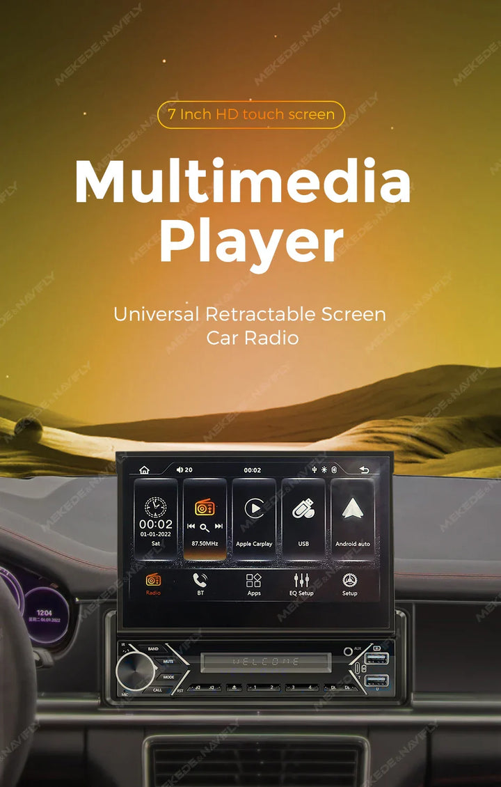 Universal 7" 1din Retractable Screen Car Radio Android Auto Carplay Multimedia Video Player Intelligent Vehicle System BT FM USB