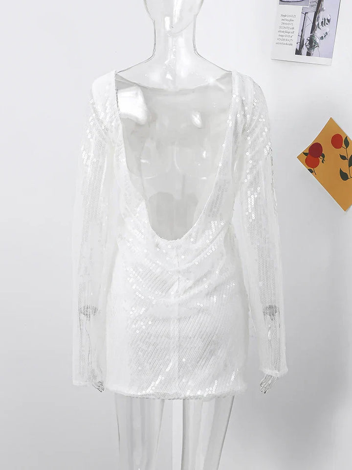 Women's Sparkling Backless Long Sleeved Dress Silver White Sexy Gauze Short Dresses Shiny Lining Elegant Summer Autumn Lady Top