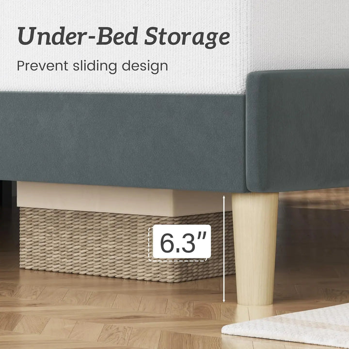 Queen Size Bed Frame, Velvet Padded Headboard, Metal Support, Easy To Assemble, Storage Space, No Spring Box Required