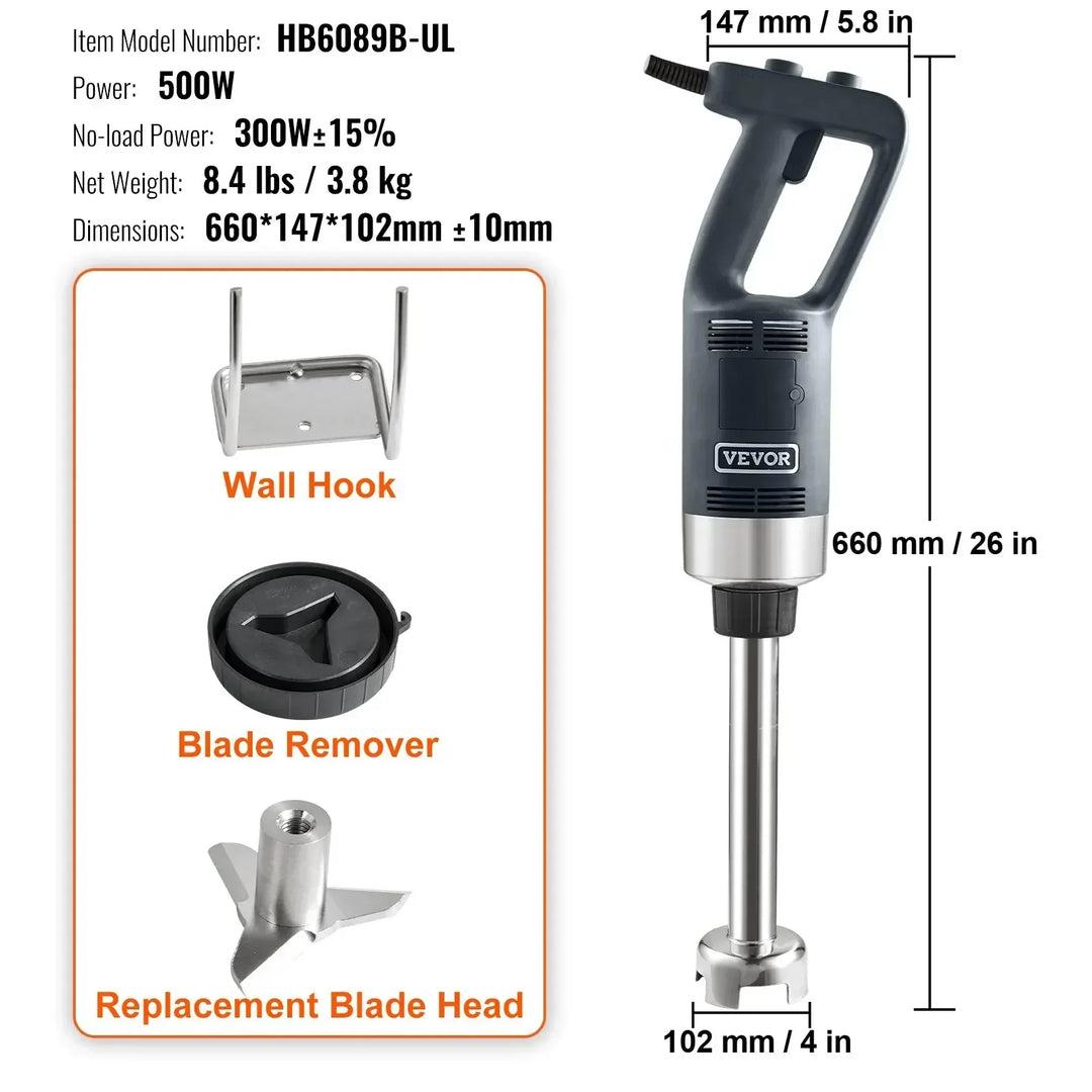 VEVOR Commercial Immersion Blender 500W 12/20inch Heavy Duty Hand Mixer Kitchen Stick Mixer for Soup Smoothie Puree Baby Food