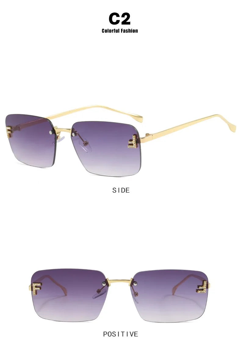 Rimless Sqaure Sunglasses F Letter Rectangle Shades For Men Women Trendy Driving Frameless Casual Eyewear UV400 Oculos Del Sol