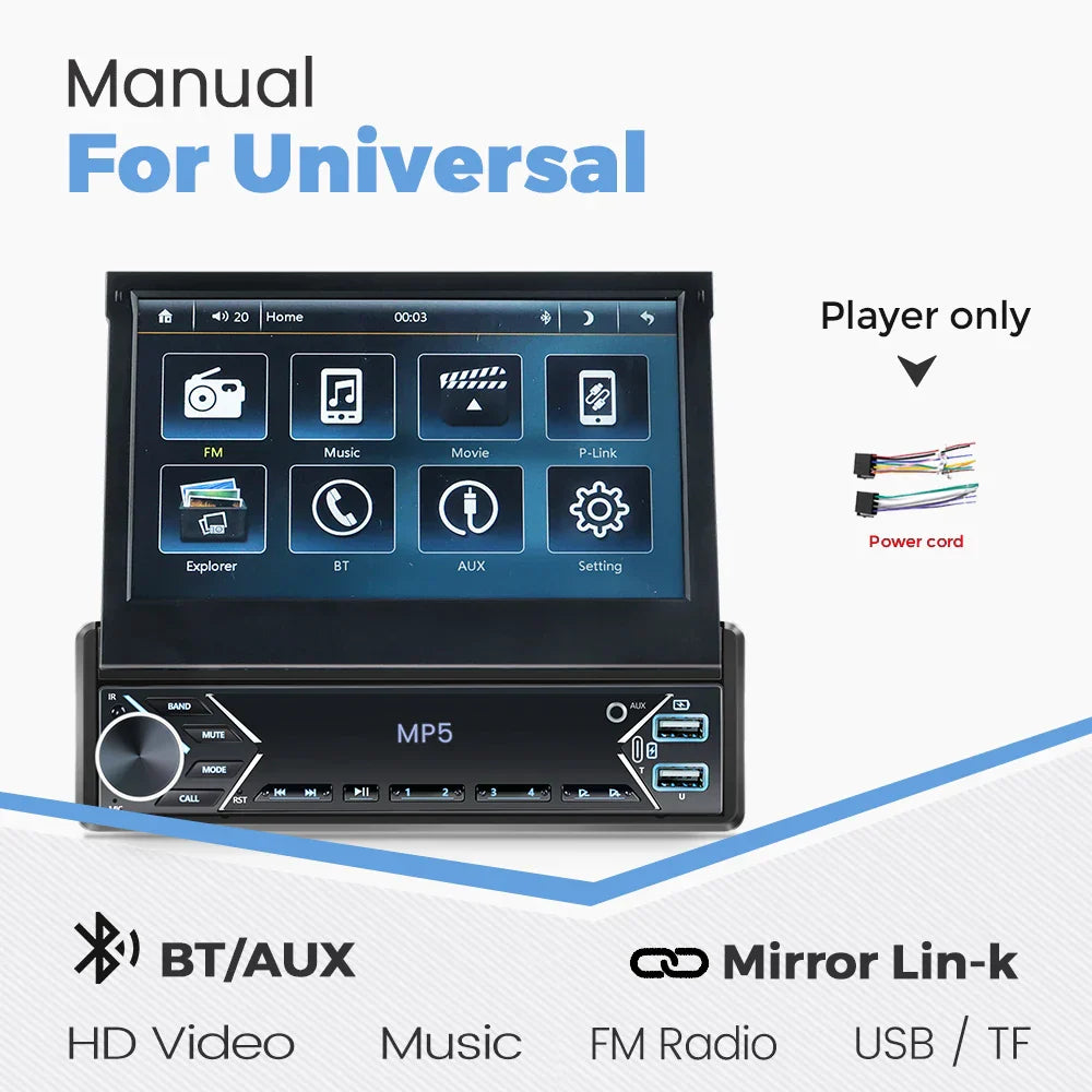 Universal 7" 1din Retractable Screen Car Radio Android Auto Carplay Multimedia Video Player Intelligent Vehicle System BT FM USB