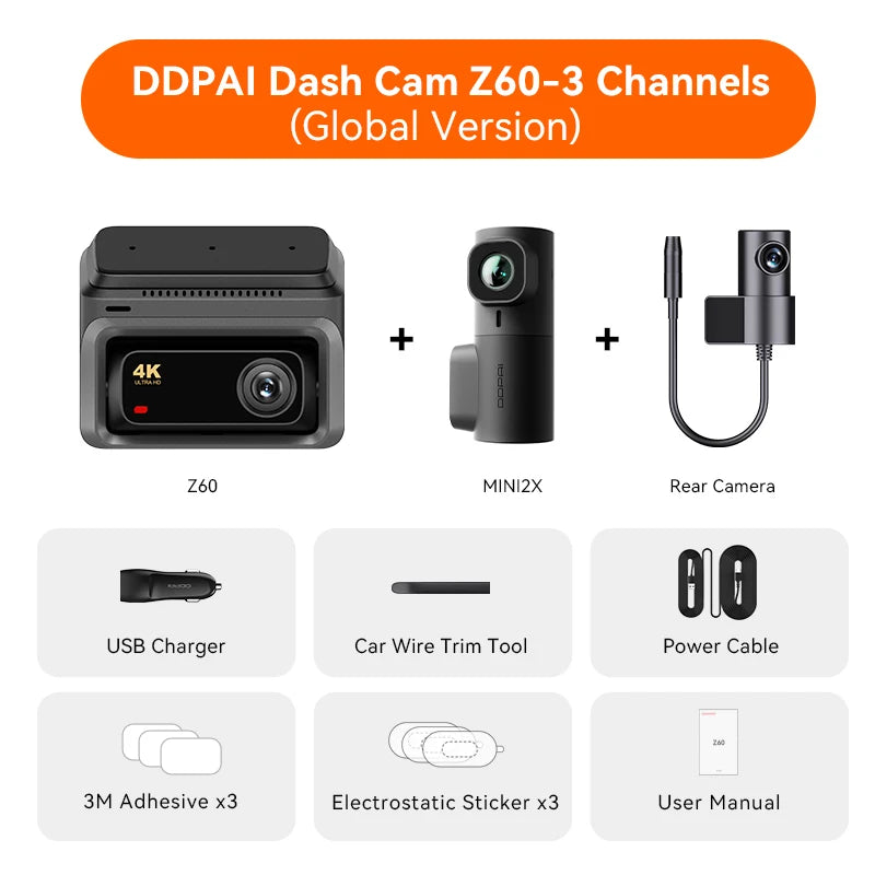 DDPAI Z60 4K+2K+1080P Dashcam Support Rear and Interior with GPS 5GHz WiFi  ADAS NightVIS 2.0 Dash Camera 24H Parking Monitor