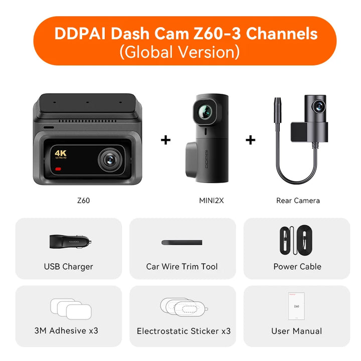DDPAI Z60 4K+2K+1080P Dashcam Support Rear and Interior with GPS 5GHz WiFi  ADAS NightVIS 2.0 Dash Camera 24H Parking Monitor
