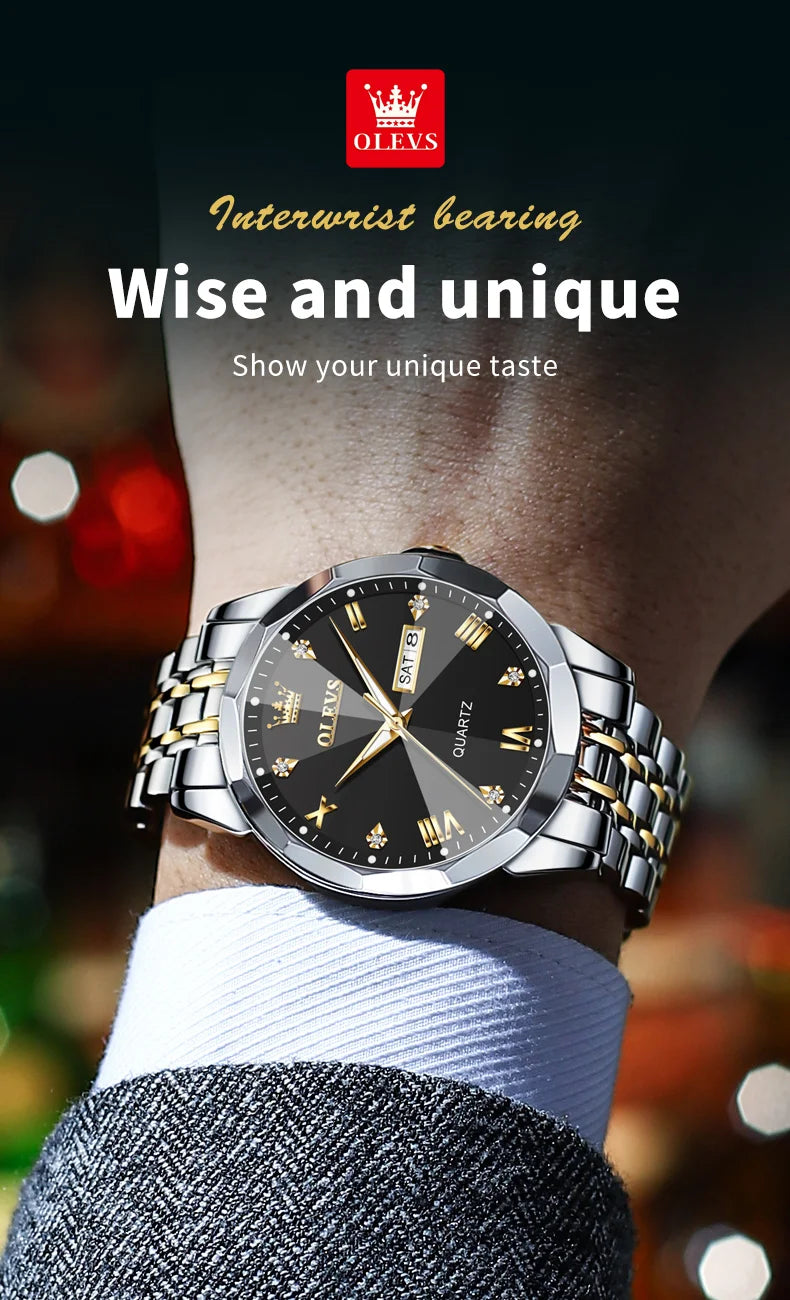 OLEVS Men's Watches Causal Fashion Original Quartz Watch for Man Waterproof Stainless Steel Luminous Date Week Trend Dress Reloj