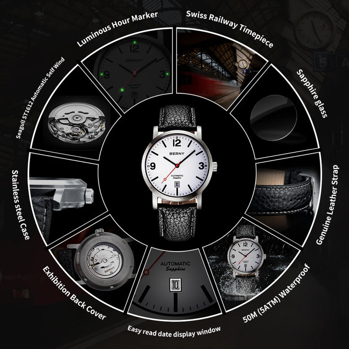 BERNY Watch for Men Mechanical Automatic Watches Seagull Luxury Brand Male Clock Water Resistant Swiss Railway Men's Wristwatch