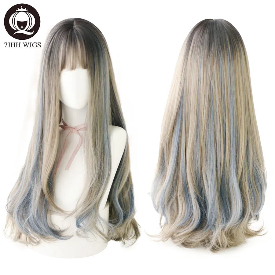 7JHHWIGS Long Wavy Synthetic Black Wigs For Women With Fringe Fashion Heat Resistant Mid-Length Daily Straight Light Brown Hair