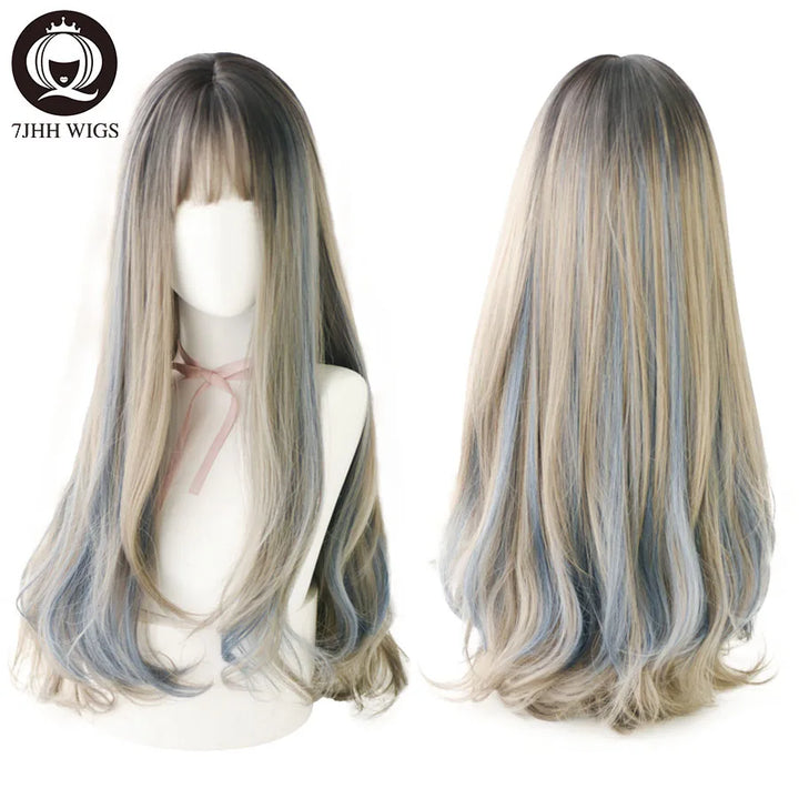7JHHWIGS Long Wavy Synthetic Black Wigs For Women With Fringe Fashion Heat Resistant Mid-Length Daily Straight Light Brown Hair