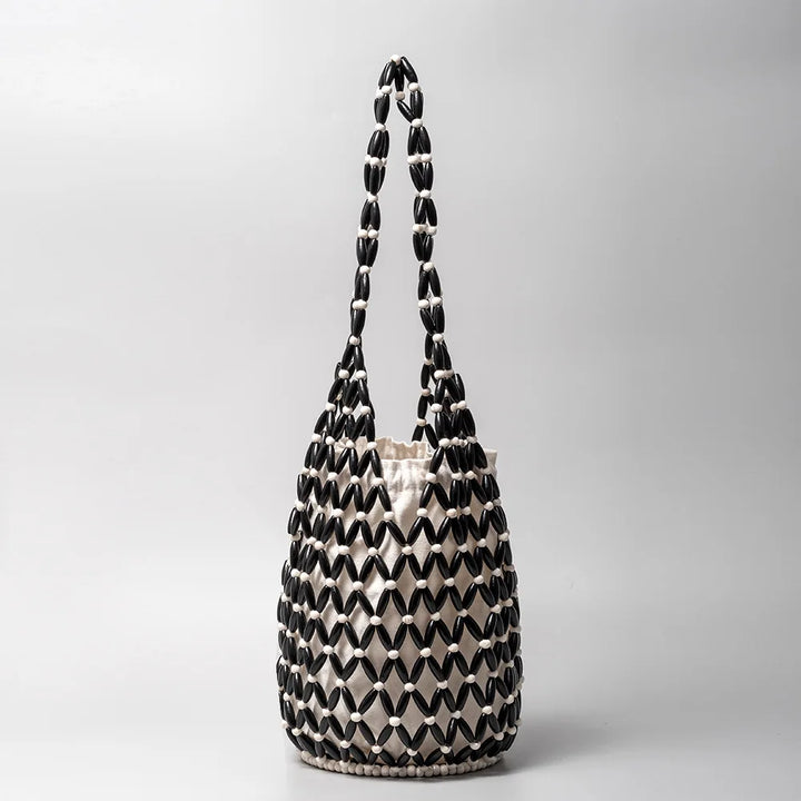Women Woven hand bag summer design hollow-out wooden bead tote bucket shoulder bag female Reticulate netted canvas beach handbag