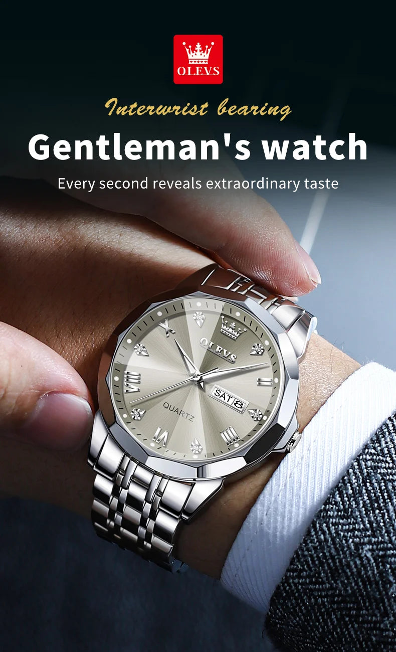 OLEVS Men's Watches Causal Fashion Original Quartz Watch for Man Waterproof Stainless Steel Luminous Date Week Trend Dress Reloj
