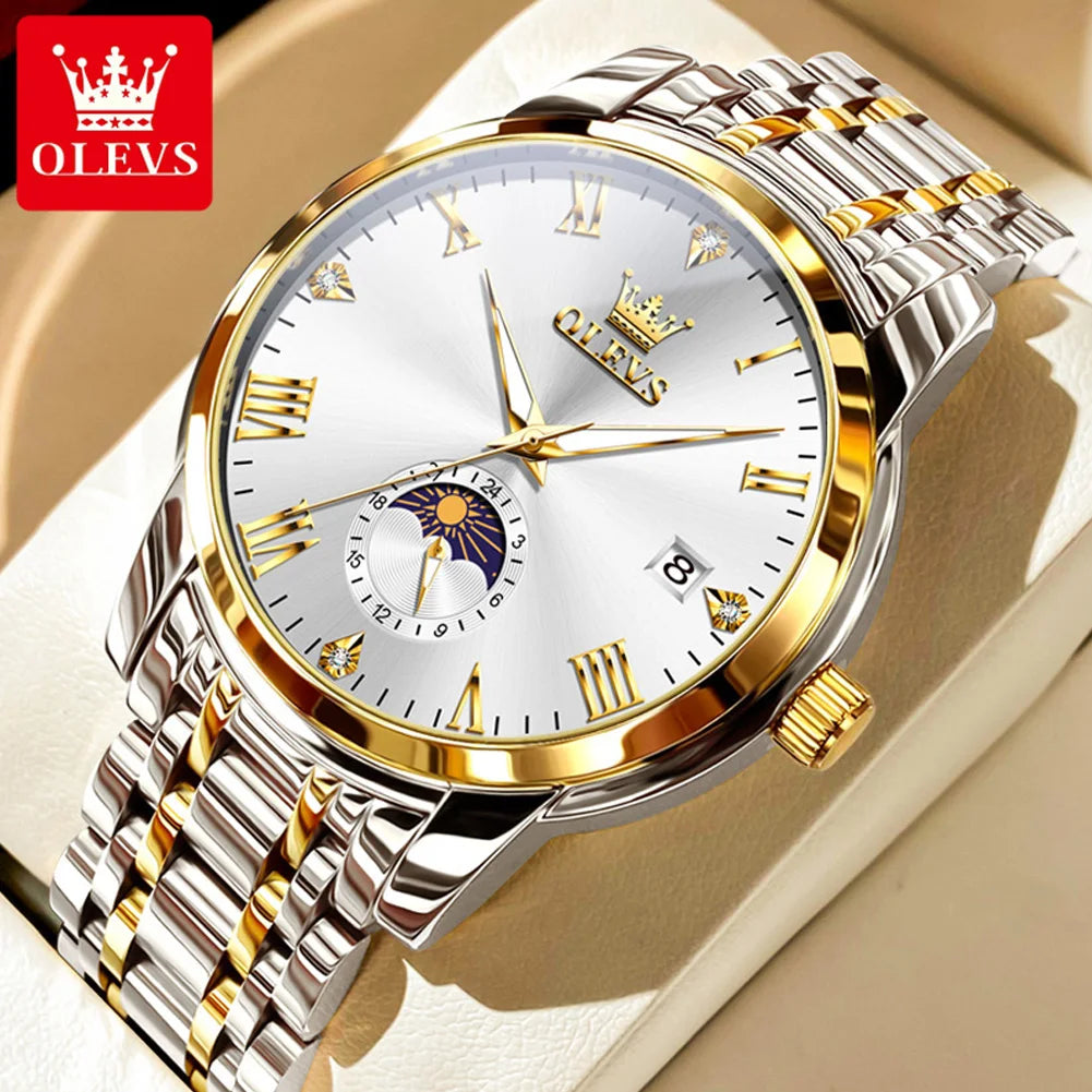 OLEVS Trend Fasahion Men's Watches Stainless Steel Original Quartz Watch for Man Waterproof Luminous Date Moon Phase Wristwatch