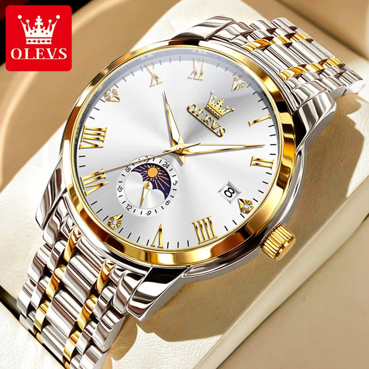 OLEVS Trend Fasahion Men's Watches Stainless Steel Original Quartz Watch for Man Waterproof Luminous Date Moon Phase Wristwatch
