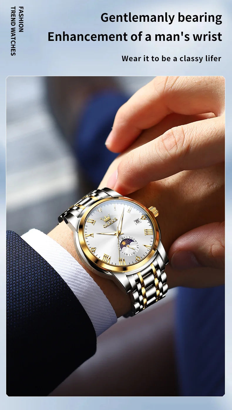 OLEVS Trend Fasahion Men's Watches Stainless Steel Original Quartz Watch for Man Waterproof Luminous Date Moon Phase Wristwatch