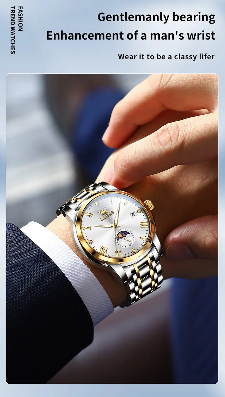 OLEVS Trend Fasahion Men's Watches Stainless Steel Original Quartz Watch for Man Waterproof Luminous Date Moon Phase Wristwatch