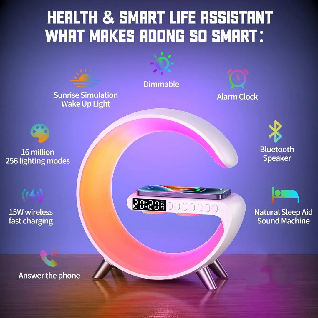 G Wireless Charger Stand Alarm Clock Bluetooth Speaker RGB Night Light Lamp Fast Charging Station Dock for iPhone Samsung Xiaomi