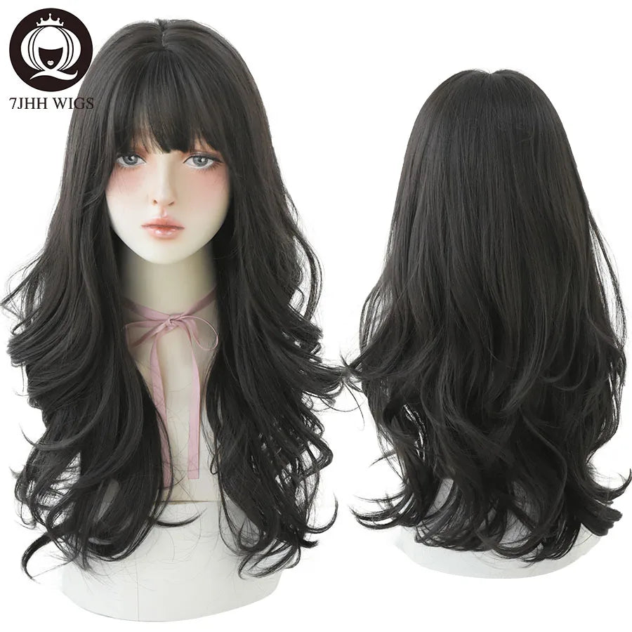 7JHHWIGS Long Wavy Synthetic Black Wigs For Women With Fringe Fashion Heat Resistant Mid-Length Daily Straight Light Brown Hair