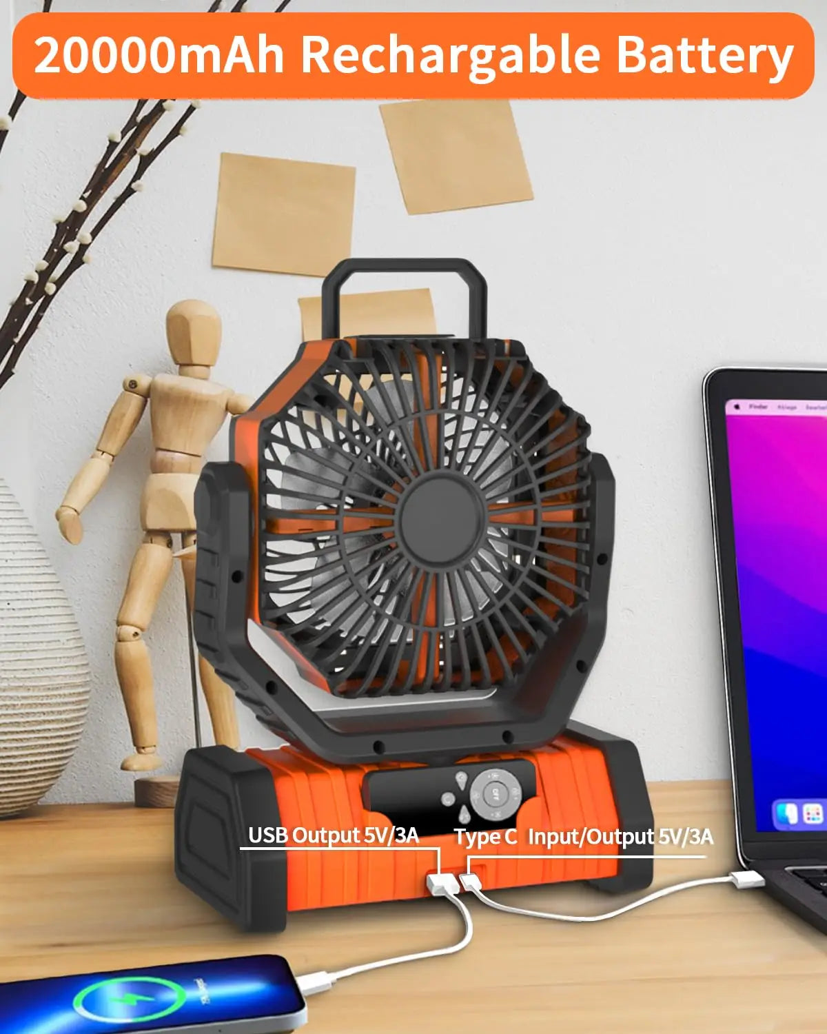 20000mAh High-Capacity Battery LED Light Camping Fan Movable Wireless Air Circulators Outdoor Ventilador with Hook