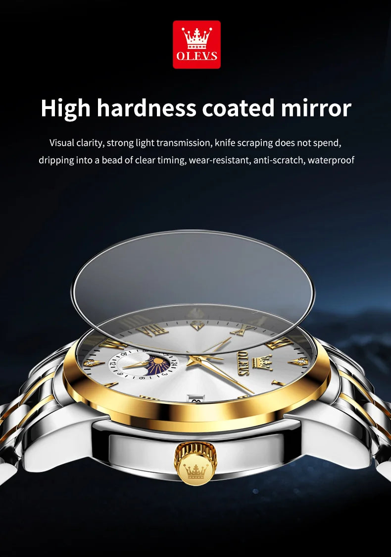 OLEVS Trend Fasahion Men's Watches Stainless Steel Original Quartz Watch for Man Waterproof Luminous Date Moon Phase Wristwatch