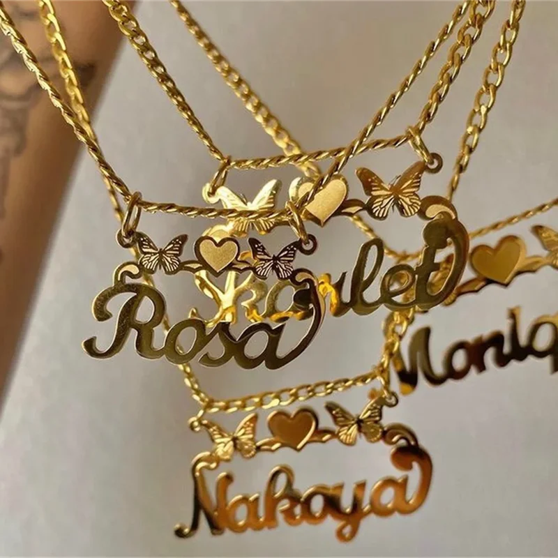 Custom Name Necklace With Butterfly Heart Detachable Pendant Women Girl Jewelry Stainless Steel Personalized Handmade Gifts