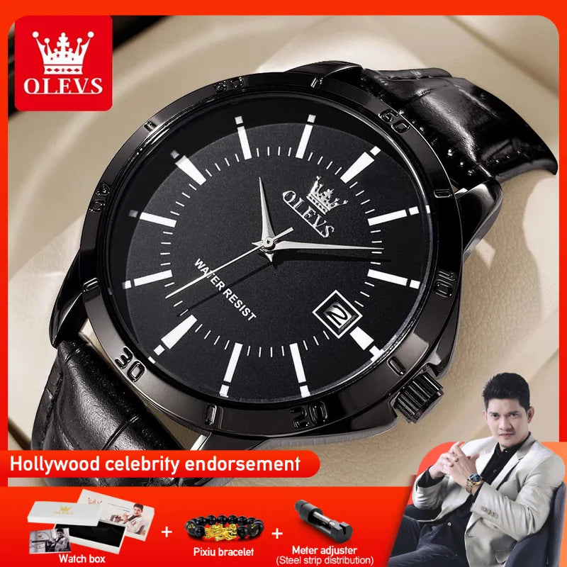 OLEVS TY716 Mens Watch Original Fashion Quartz Watch For Men Waterproof Leather Strap Calendar Daily Automatic Date Mens Gifts