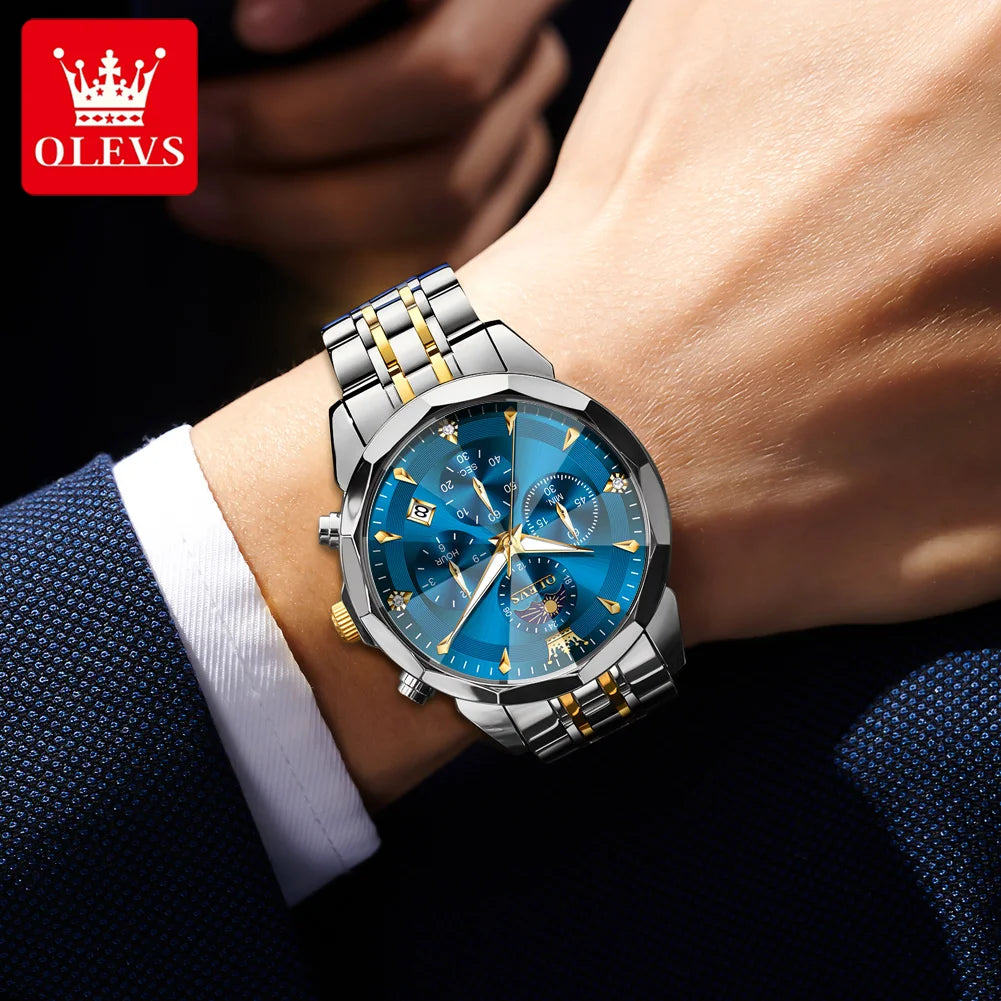 OLEVS 3673 Mens Watch Original Business Brand Quartz Watch Rhombus Mirror Waterproof Luminous Automatic Date Moon Phase Watch