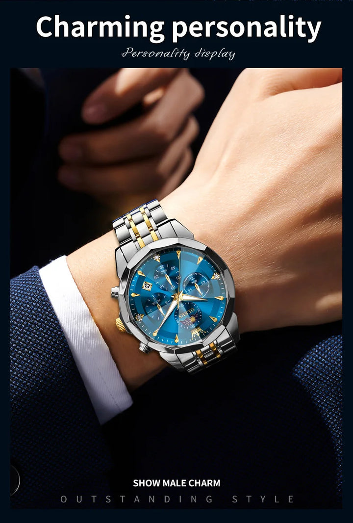 OLEVS 3673 Mens Watch Original Business Brand Quartz Watch Rhombus Mirror Waterproof Luminous Automatic Date Moon Phase Watch