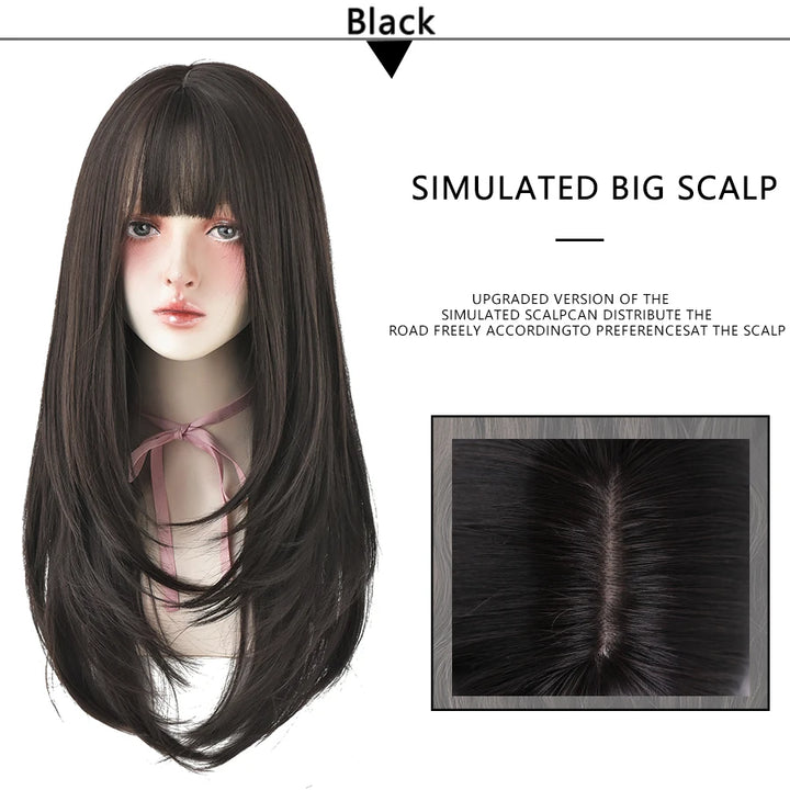 7JHHWIGS Long Wavy Synthetic Black Wigs For Women With Fringe Fashion Heat Resistant Mid-Length Daily Straight Light Brown Hair