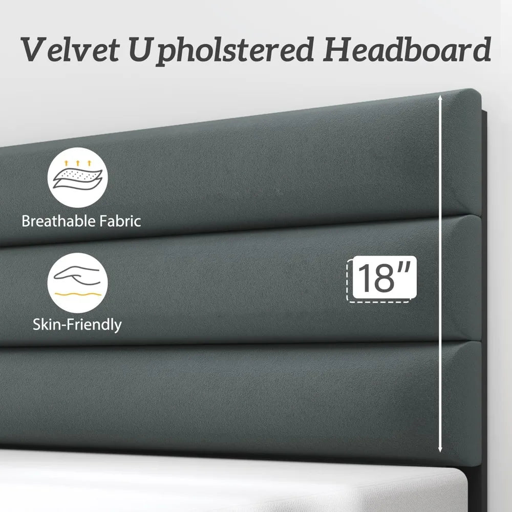 Queen Size Bed Frame, Velvet Padded Headboard, Metal Support, Easy To Assemble, Storage Space, No Spring Box Required