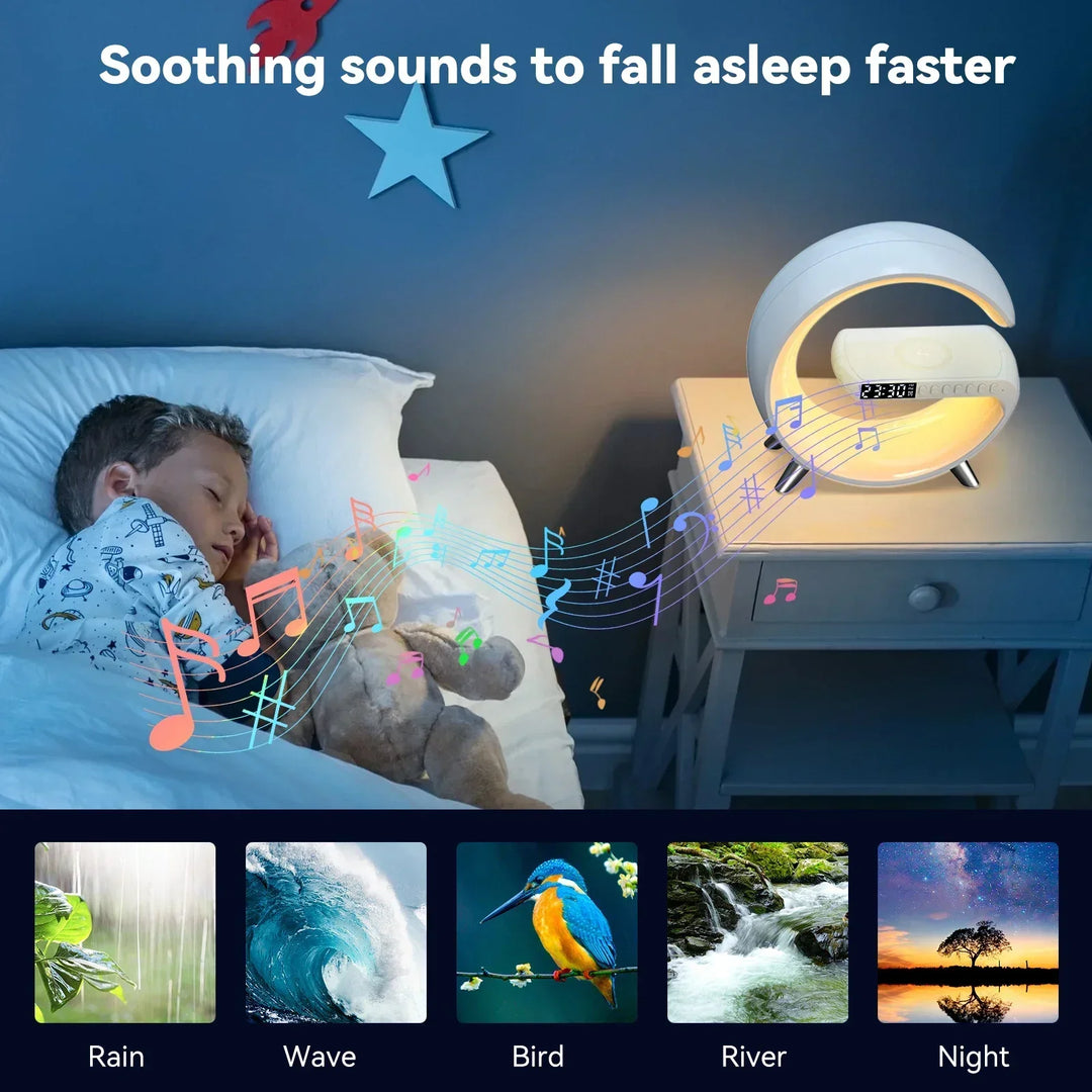 G Wireless Charger Stand Alarm Clock Bluetooth Speaker RGB Night Light Lamp Fast Charging Station Dock for iPhone Samsung Xiaomi
