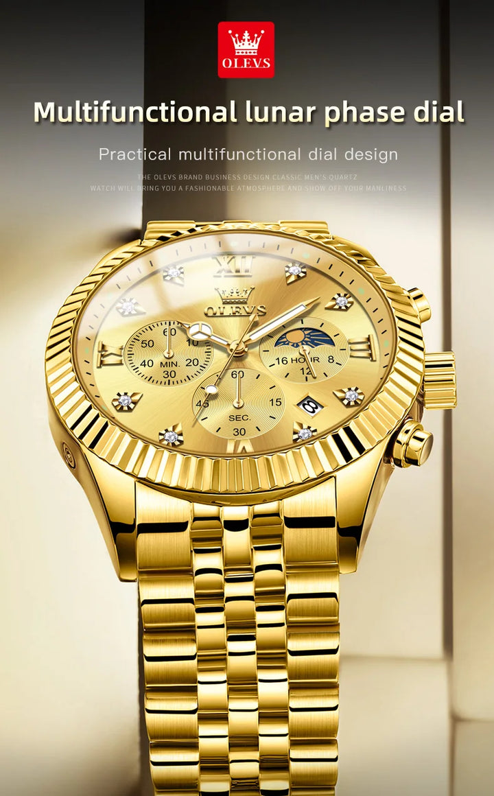 OLEVS Brand Luxury Original Men's Watches Waterproof Moon Phase Quartz Watch Luminous Gold Stainless Steel Strap Male Wristwatch