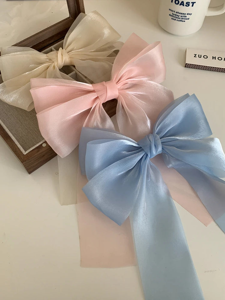 Sweet Blue Shining Satin Bowknot Hair Clip Big Ribbon Bow Barrette Solid Color Scarf Hairpin Ponytail Clip Hair Accessories