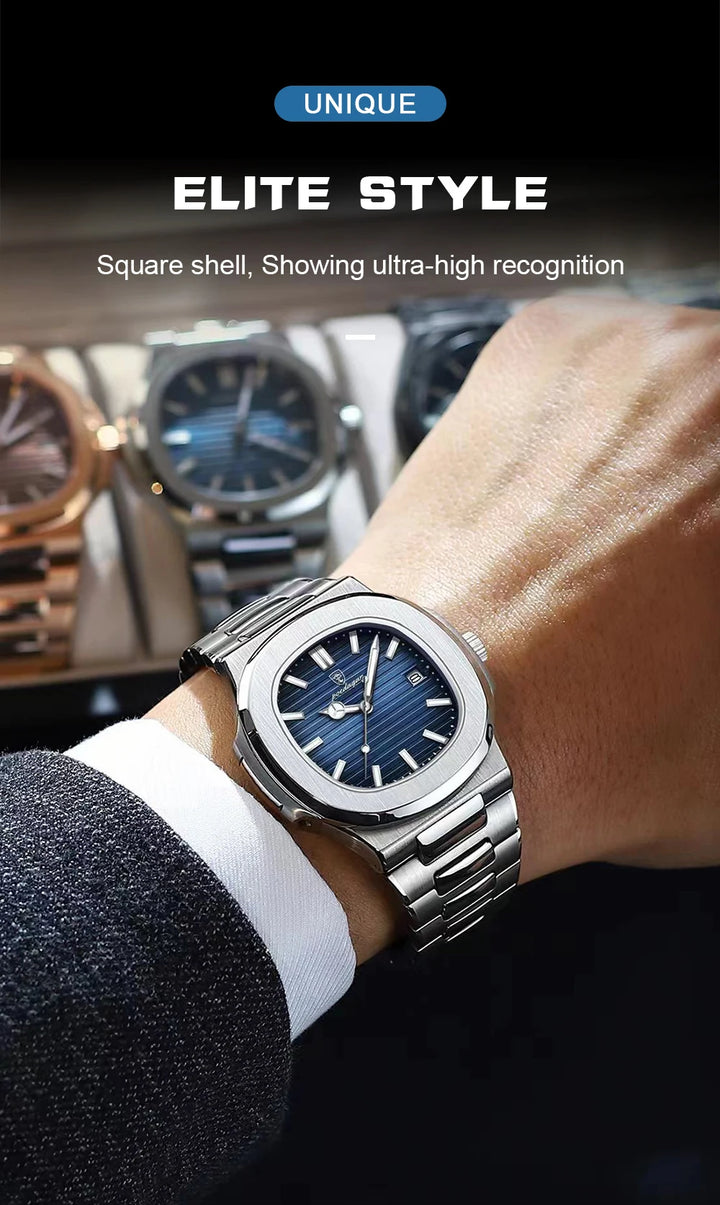 POEDAGAR Luxury Casual Watch Top Brand Fashion Square Dial Stainless Steel Calendar Luminous Waterproof Men Watch Male Clock+Box