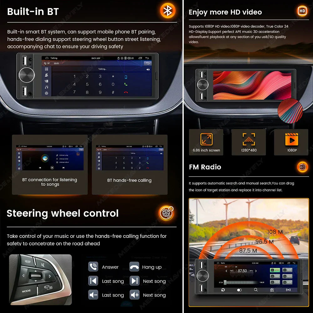 MEKEDE 6.86-inch 1din Universal Car Multimedia Smart Screen Wired Wireless Andriod Auto CarPlay Stereo FM Auto Radio BT USB TF
