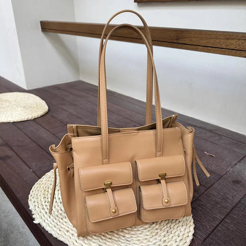 Luxury Brand Silver Buckle Fashion Genuine Leather Handbag New Large Capacity Tote Bag Designer Women's Commuter Shoulder Bag