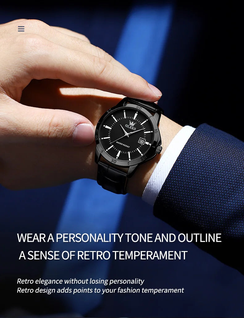 OLEVS TY716 Mens Watch Original Fashion Quartz Watch For Men Waterproof Leather Strap Calendar Daily Automatic Date Mens Gifts