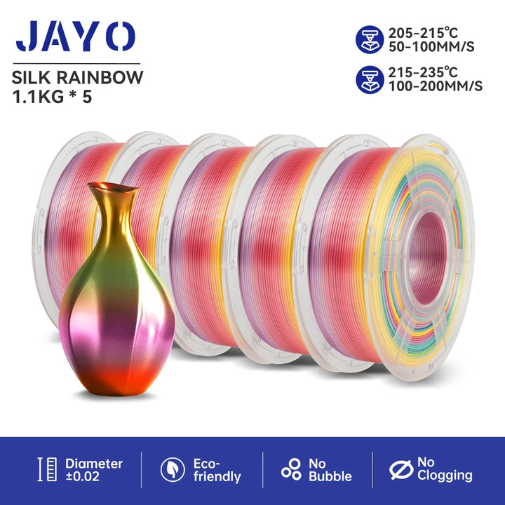 JAYO  pla plus SILK Three Colors Silk Rainbow 3D Printer Filament 1.75mm 100% No Bubble FDM 3D Printer Materials for 3D Printer