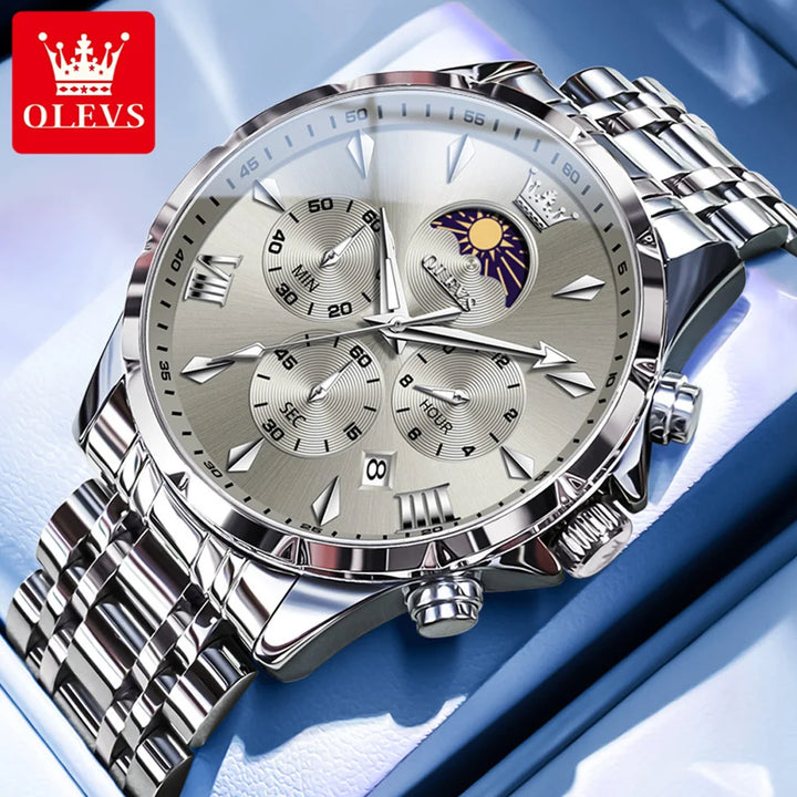 OLEVS Top Moon Phase Fashion Men's Watches Stainless steel Waterproof Quartz Watch for Man Calendar Luminous Daily Wristwatch