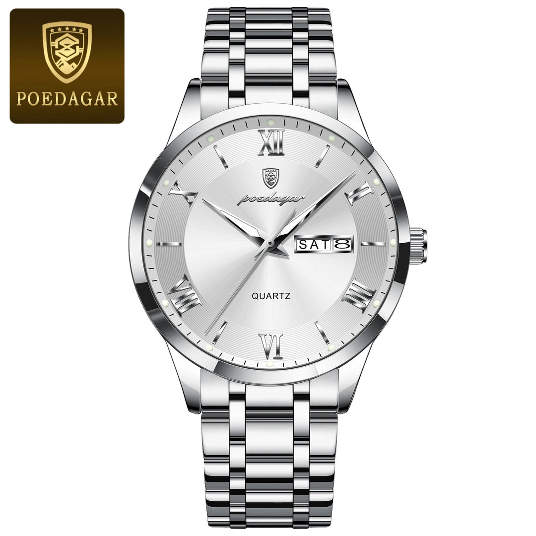 POEDAGAR Business Fashion Man Watch Waterproof Luminous Date Week Male Wristwatch Stainless Steel Quartz Men Watches Reloj +Box
