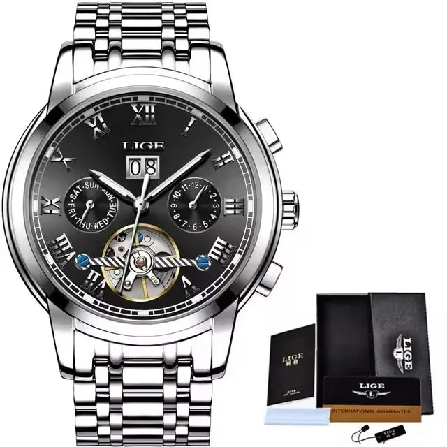 LIGE Fashion Men's Mechanical WristWatches Business Waterproof Tourbillon Watch Men Top Brand Luxury Automatic Watches For Men