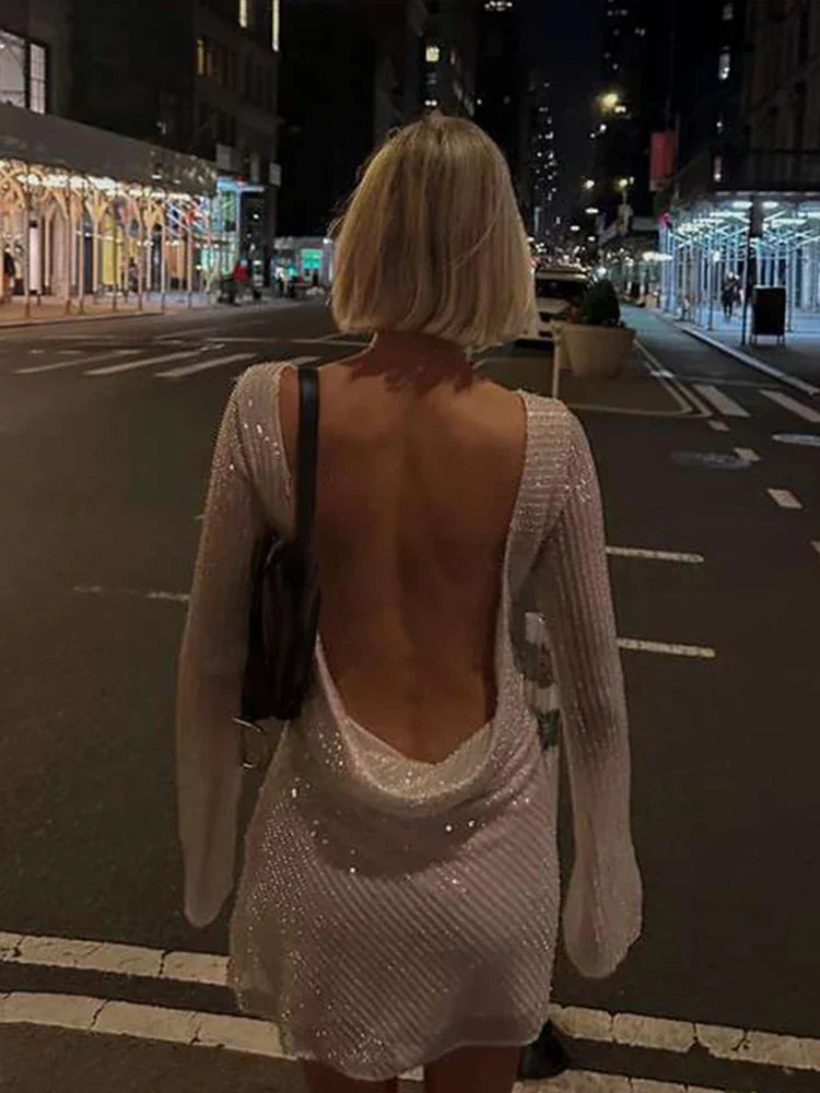 Women's Sparkling Backless Long Sleeved Dress Silver White Sexy Gauze Short Dresses Shiny Lining Elegant Summer Autumn Lady Top