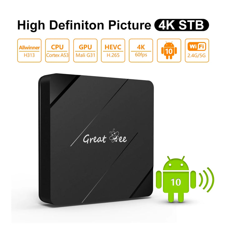 Great Bee Greatbee Arabic TV Box, Android 10 2G 16G Smart 4K Arabic Media Player Satellite Receiver