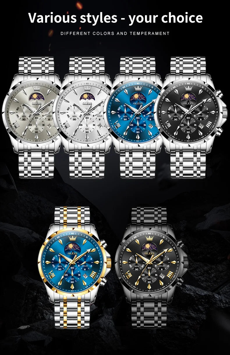 OLEVS Top Moon Phase Fashion Men's Watches Stainless steel Waterproof Quartz Watch for Man Calendar Luminous Daily Wristwatch