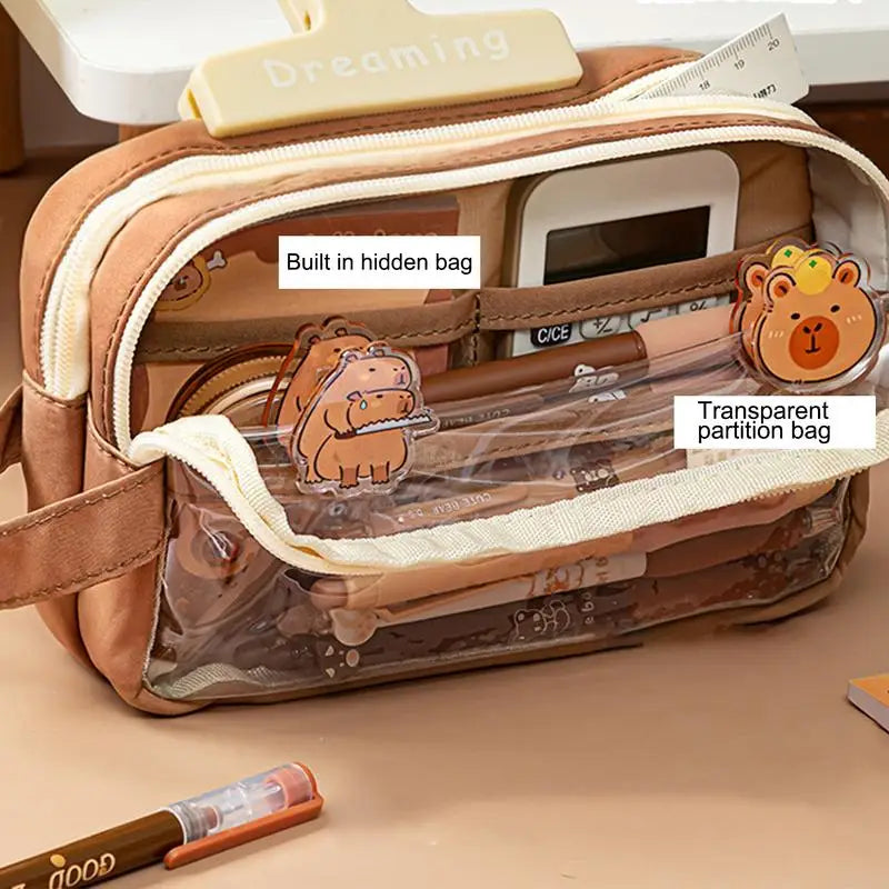 Clear Plastic Pencil Case With Cute Capybara Plush And Pins Multi-layers Pouch Large Capacity Aesthetic Pencil Pouch Stationary