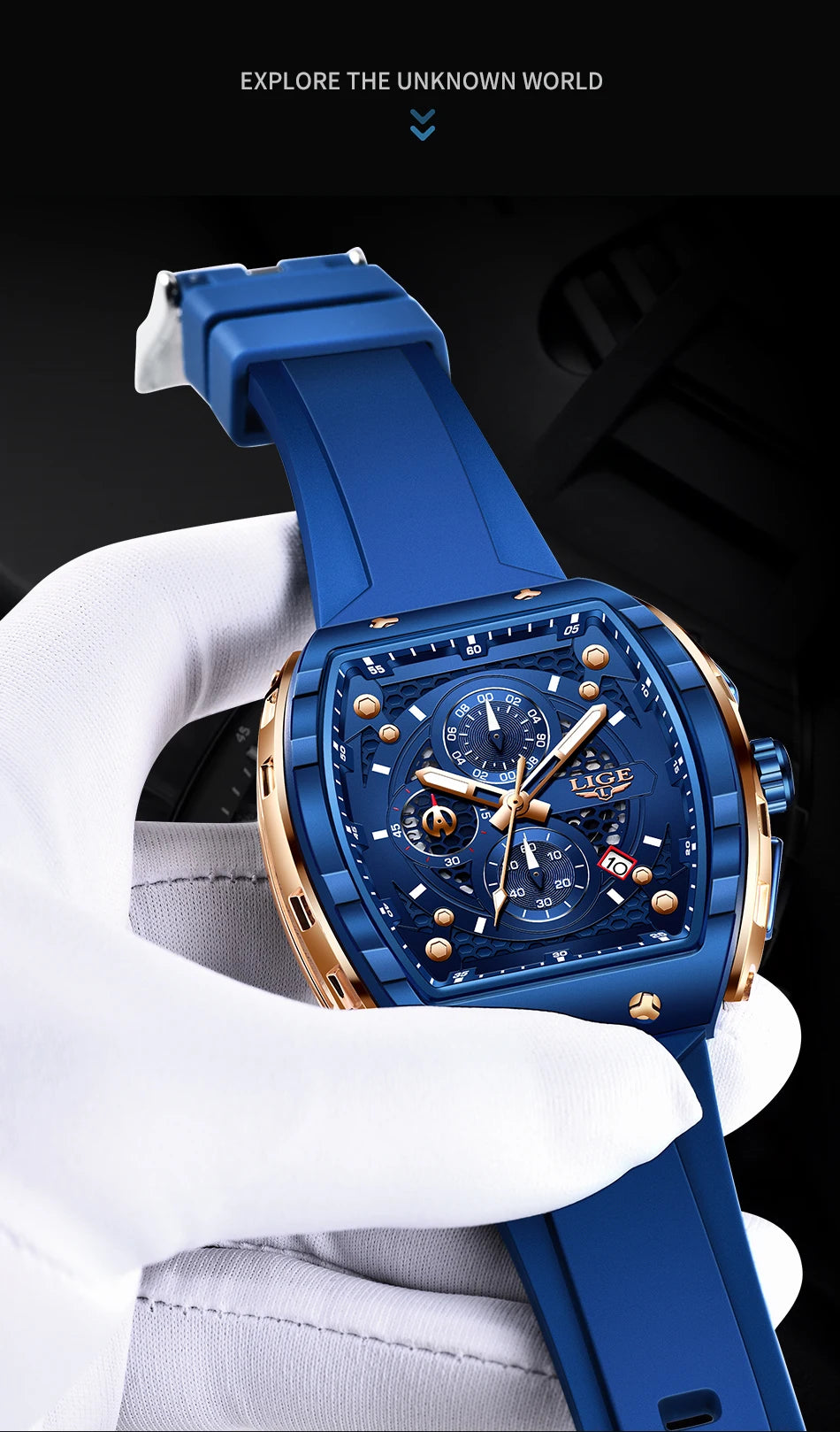 LIGE Outdoor Square Casual Sport Quartz Man Watch Top Brand Luxury Watches Fashion 50M Waterproof Auto Date Silicone Chronograph