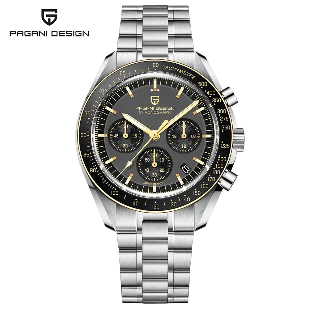 PAGANI DESIGN 2025 Silver Gold Moon Luxury Quartz Watches Men Sport Chronograph Sapphire Crystal Stainless steel Watch For Men
