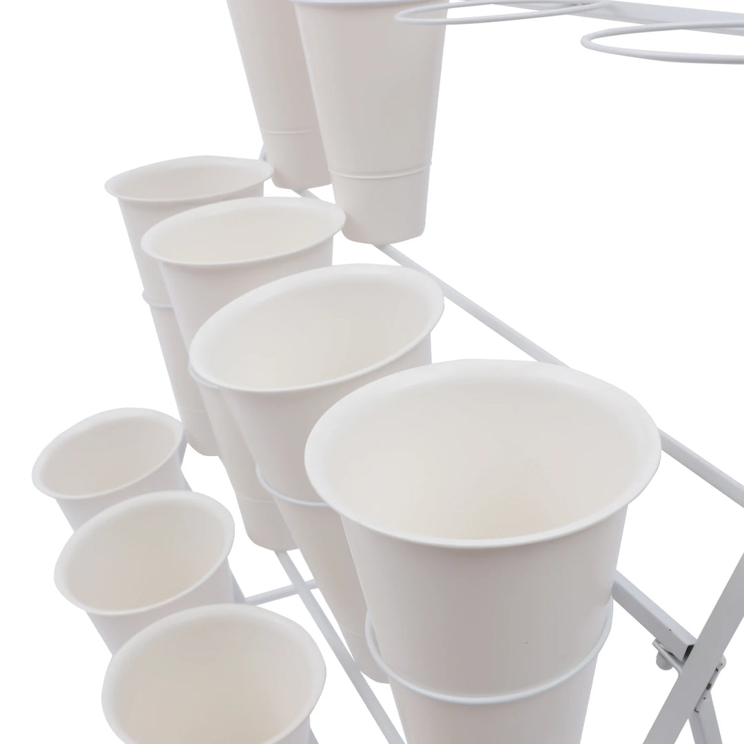 3 Layers Flower Display Stand Movable Modern Metal Plant Shelf with 12Pcs Flower Buckets & Wheels for Home Garden Patio Balcony