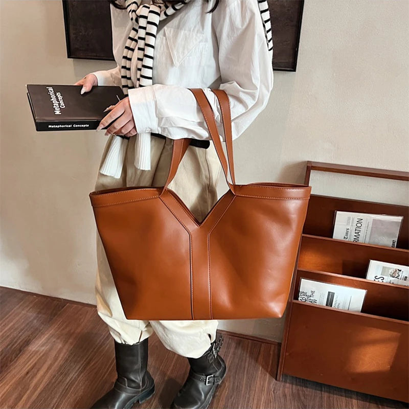 Soft Luxury Y Letter Women Shoulder Bag New Genuine Leather Fashion Large Capacity Tote Bag High-end Casual Commuting Brand Bag