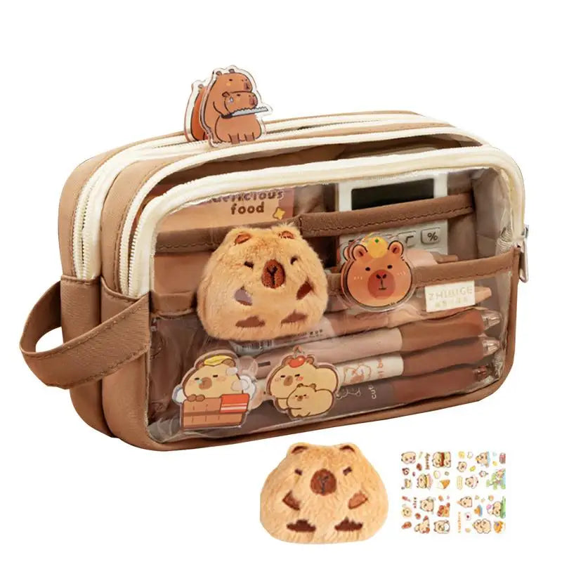 Clear Plastic Pencil Case With Cute Capybara Plush And Pins Multi-layers Pouch Large Capacity Aesthetic Pencil Pouch Stationary
