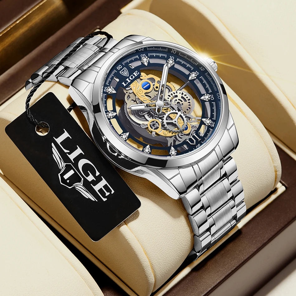 LIGE New Fashion Mens Watches Top Brand Luxury Hollow Watch Men Military Sports Waterproof Quartz Watch For Men Montre Homme+BOX